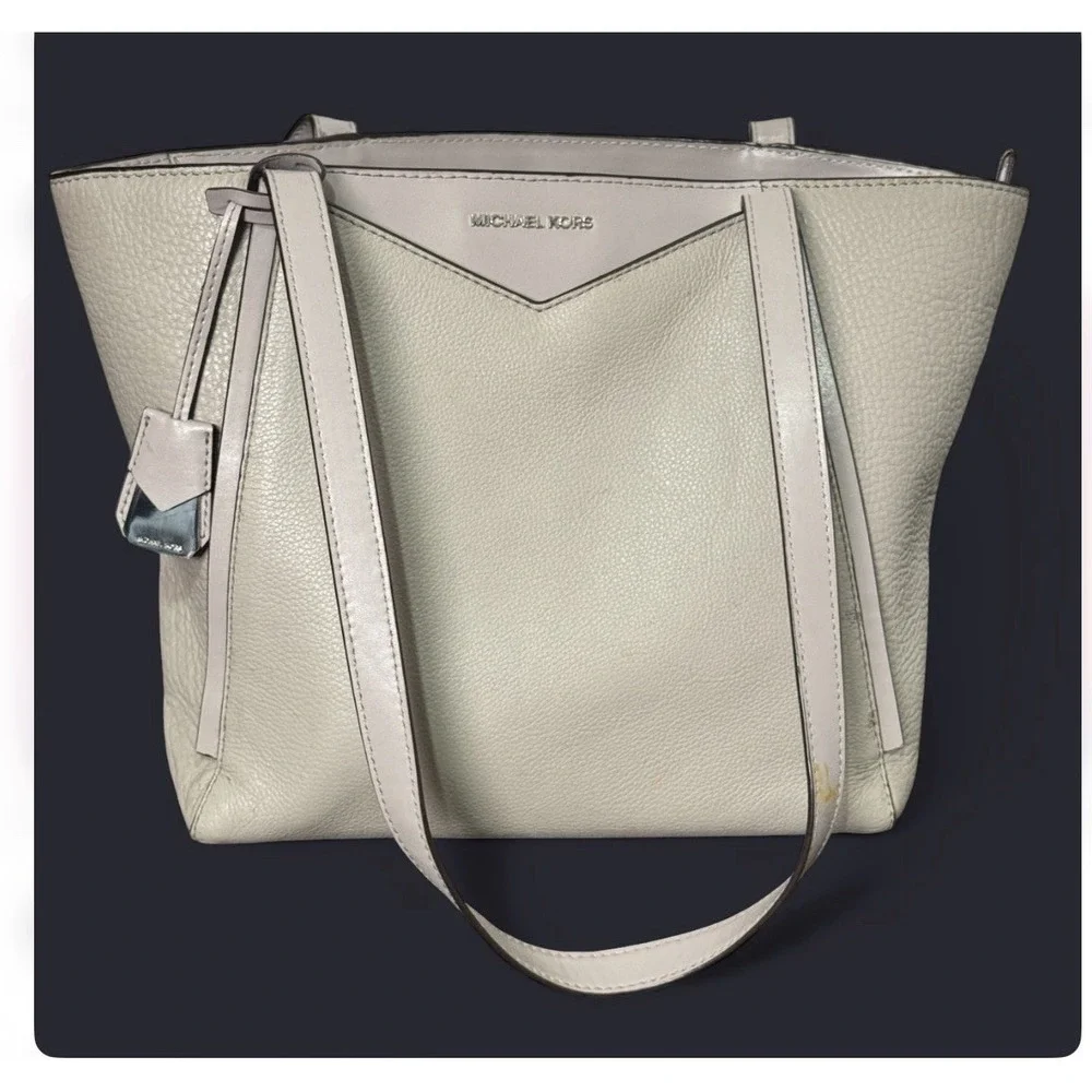 Michael Kors Pebbled‎ Leather Tote Shoulder Bag Grey Beige Office Quiet Luxury